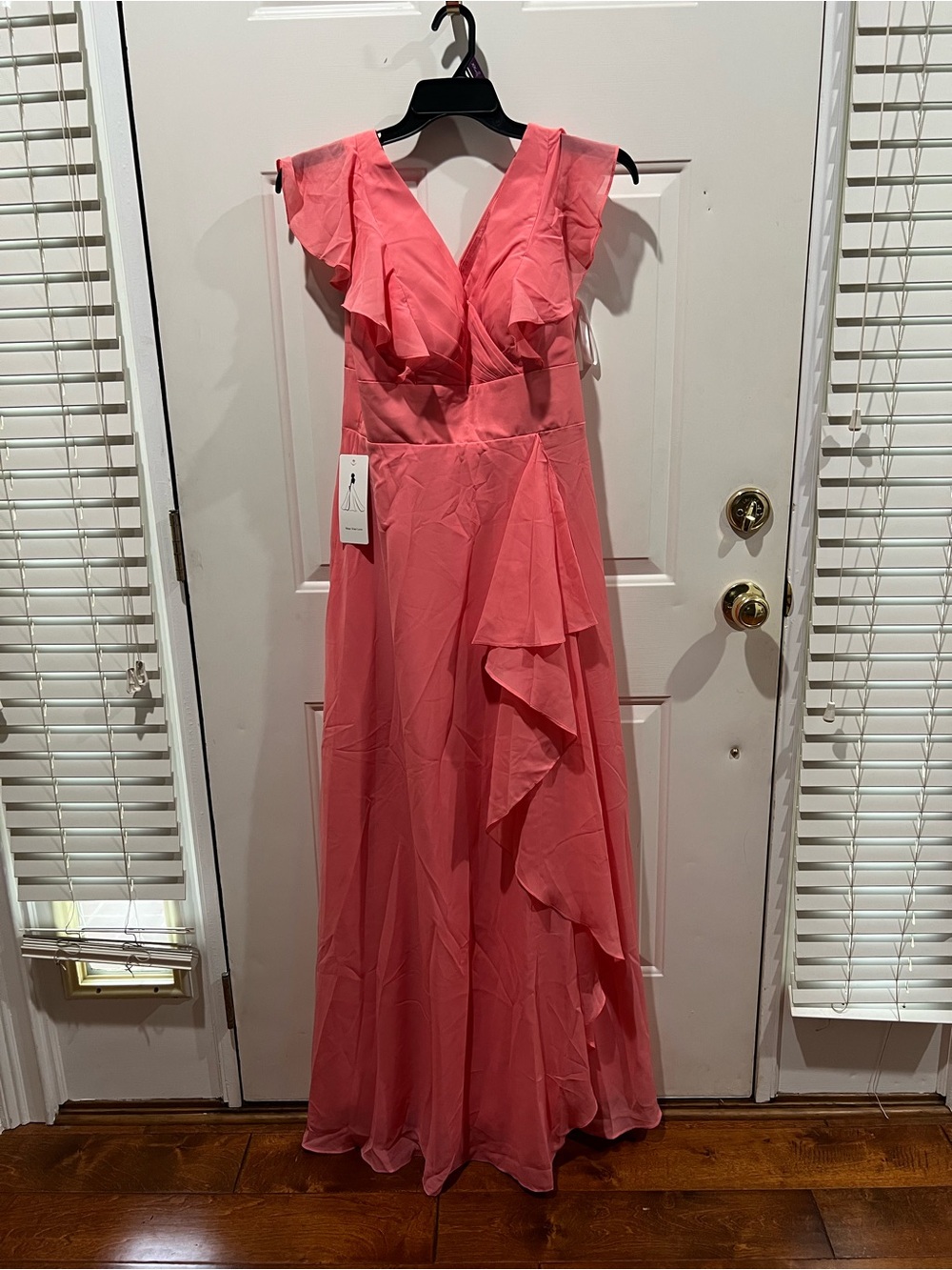 Flutter-Sleeve Coral V-Neck Formal Maxi Dress